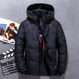 Black and red insulated thermal down jacket with full sleeves and a high collar, designed for winter, shown in a 5XL size. The jacket is styled with patterns and is suitable for travel and fashion.