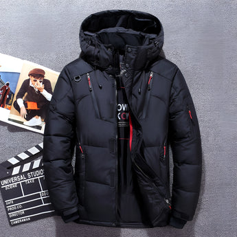 Black and red insulated thermal down jacket with full sleeves and a high collar, designed for winter, shown in a 5XL size. The jacket is styled with patterns and is suitable for travel and fashion.