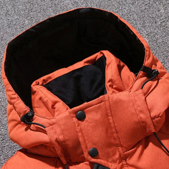 Black and red insulated thermal down jacket with sleeves and a high collar, designed for winter warmth and comfort.