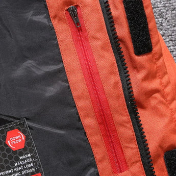 
A black and red insulated winter coat with a thermal down filling, featuring long sleeves, a collar, and a stylish design suitable for cold weather outerwear.