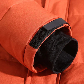 Black and red insulated winter coat with a thermal down design, featuring long sleeves for comfort and warmth.