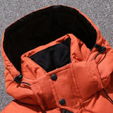 Black and red insulated thermal down jacket with long sleeves and a high collar, designed for winter wear.