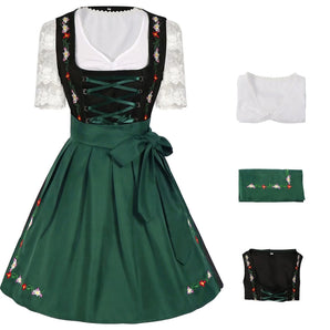 Traditional green dirndl dress with floral embroidery, featuring a white lace blouse, short sleeves, fitted waist, and a classic neckline.