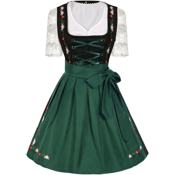 Traditional green dirndl dress with floral embroidery, lace blouse, and short sleeves in size 2XL.