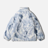 Trendy abstract design fleece jacket featuring a blue cloud artistic print, with long sleeves and a stylish collar. The jacket is made from natural materials and showcases a unique pattern in electric blue, resembling a fashionable top.