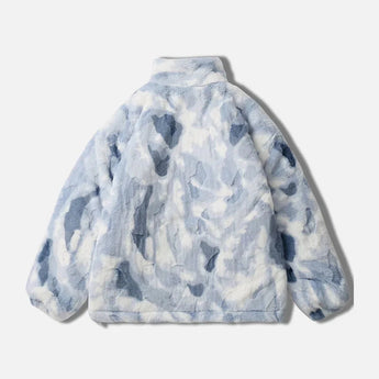 Trendy abstract design fleece jacket featuring a blue cloud artistic print, with long sleeves and a stylish collar. The jacket is made from natural materials and showcases a unique pattern in electric blue, resembling a fashionable top.