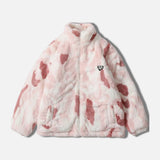 Blue fleece jacket featuring a trendy abstract cloud design, displayed on a mannequin.