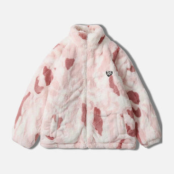 Blue fleece jacket featuring a trendy abstract cloud design, displayed on a mannequin.