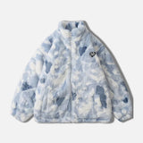 
A fleece jacket featuring a trendy abstract design in a blue cloud artistic print with long sleeves, a collar, and a button closure, available in Style 1, size 2XL.