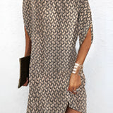 Woman wearing a trendy asymmetrical high neck snake print dress in brown, size 2XL, with long sleeves and a fitted waist, suitable for party wear fashion.