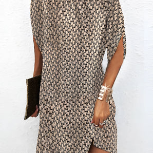 Woman wearing a trendy asymmetrical high neck snake print dress in brown, size 2XL, with long sleeves and a fitted waist, suitable for party wear fashion.