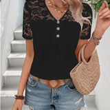 Trendy black V-neck lace shoulder button-up blouse for women with long sleeves and stylish design.