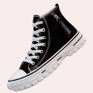 Trendy black high-top sneakers with a zipper, designed for urban style and outdoor activities, featuring a sleek and sporty appearance.