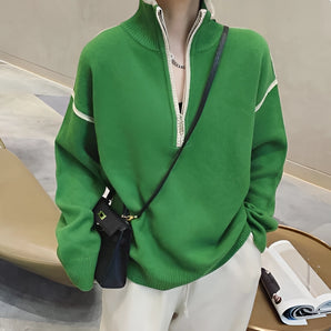 Trendy Green Oversized Women's High-Neck Fleece Sweater