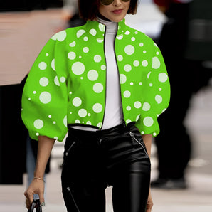 Women's fashion outerwear featuring a trendy yellow-green polka dot bubble sleeve jacket in XL size.