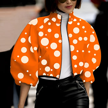 Trendy orange polka dot bubble sleeve jacket for women, featuring a fashionable design with long sleeves and a comfortable fit, shown in an XL size.
