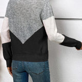 Trendy grey V-neck color-block geometric knit sweater for women featuring long sleeves and a stylish design.