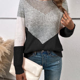 Grey V-neck color-block geometric knit sweater for women, featuring a stylish design with long sleeves and a modern fashion-forward look.
