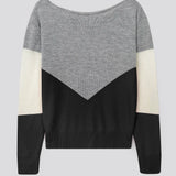 Stylish grey V-neck color-block geometric knit sweater pullover for women, showcasing a blend of woolen material with a distinct pattern, long sleeves, and a comfortable fit.