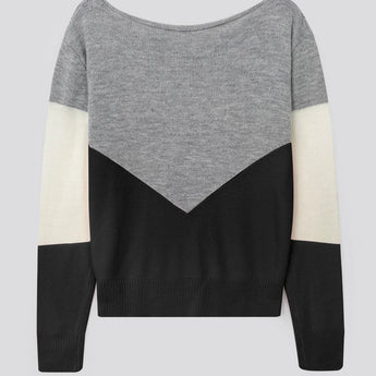 Stylish grey V-neck color-block geometric knit sweater pullover for women, showcasing a blend of woolen material with a distinct pattern, long sleeves, and a comfortable fit.