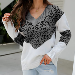 Trendy Leopard Print V-Neck Color Block Sweater - Grey & White Knit