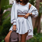 Light gray cut-out shoulder hoodie dress for women, featuring a trendy streetwear style with long sleeves and a relaxed fit in size XL.