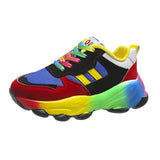 Trendy multicolor sneakers with a vibrant rainbow sole, designed for fashion-forward individuals, showcasing a modern and sporty look ideal for walking, running, or cross-training activities.
