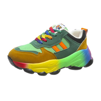 Multicolor sneakers with a distinctive rainbow sole, designed for fashion and functionality, ideal for walking and outdoor activities.