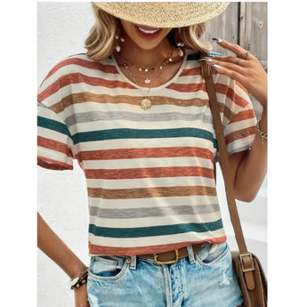 A woman wearing a trendy multicolor striped T-shirt with short sleeves in a red and white pattern, size 2XL, paired with casual summer attire.