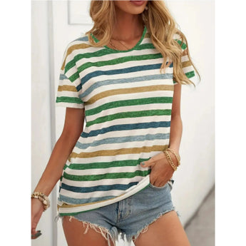 Trendy multicolor striped women's summer casual T-shirt in green, short sleeve, 2XL size.