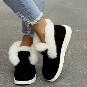 Trendy Women's Black Fur-Lined Slip-On Sneakers - Cozy Winter Shoes