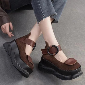 Brown mesh buckle platform sandals for women, displaying a stylish design with a comfortable fit.