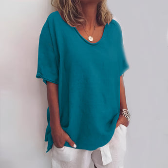 Trendy Women's Dark Gray V-Neck Casual Blouse - Loose Fit Summer Shirt, modeled by a woman wearing a watch, showing a close-up of the neckline and sleeves.