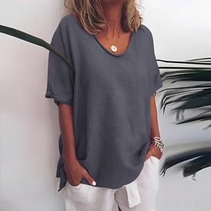 Trendy women's dark gray V-neck casual blouse, loose fit summer shirt in size 5XL, featuring short sleeves and a comfortable, relaxed design.