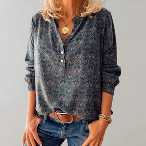 Trendy blue floral V-neck blouse for women in size 3XL, featuring long sleeves and a boho-inspired design, perfect for fall.