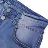 Trendy women's high-waisted light wash button-fly skinny jeans in a denim fabric, showcasing an azure color with stylish button detailing.