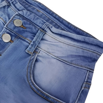 Trendy women's high-waisted light wash button-fly skinny jeans in a denim fabric, showcasing an azure color with stylish button detailing.