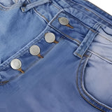 Trendy women's high-waisted light wash button-fly skinny jeans in denim fabric, featuring a sleek and modern design with button accents down the front.