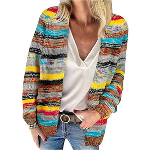 Trendy Women's Multicolor Striped Cardigan Blazer featuring a boho knit design with a collar and long sleeves.