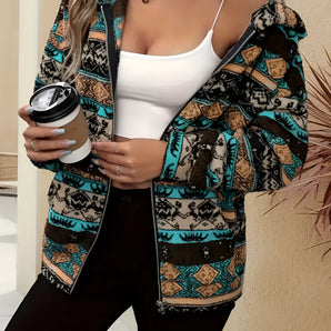 Brown trendy women's off-shoulder tribal bohemian zip-up jacket with a focus on shoulder and arm area, featuring a stylish and fashionable design.