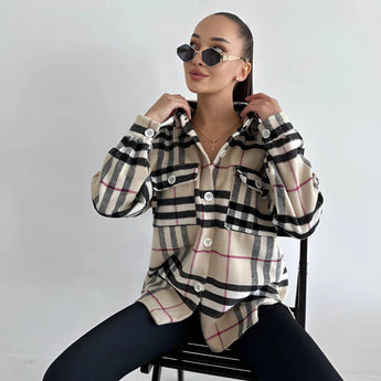 Trendy Women's Oversized Plaid Jacket in Apricot, size XL, featuring a fashionable tartan pattern, worn by a model accessorized with sunglasses, highlighting the jacket's long sleeves and stylish streetwear look for autumn.