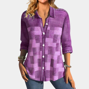 Trendy women's purple plaid V-neck blouse with 3/4 sleeves, featuring a tartan pattern, displayed in a size 3XL.