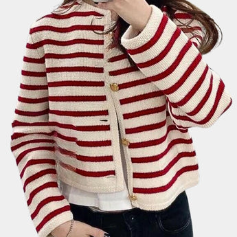 Trendy women's red and white striped cardigan featuring gold buttons, with long sleeves and a collar, in size XL.