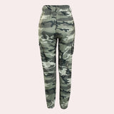 Trendy women's slim fit high-waisted camo cargo pants featuring a camouflage pattern, modeled by a person.