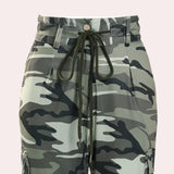 Trendy women's slim fit high-waisted camouflage cargo pants featuring a grey camo pattern.