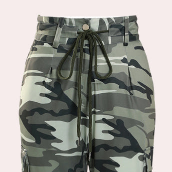 Trendy women's slim fit high-waisted camouflage cargo pants featuring a grey camo pattern.