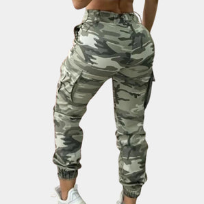 Trendy Women's Slim Fit High-Waisted Camo Cargo Pants featuring a camouflage pattern, designed with a slim fit and high waist, highlighting a military-inspired style with multiple pockets suitable for active wear.