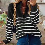 Trendy women's striped V-neck ribbed knit fall sweater in black, size XL, showcasing the shoulder and sleeve details.