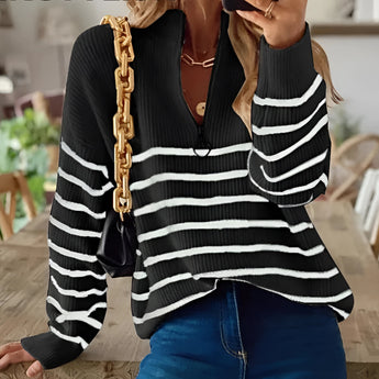 Trendy women's striped V-neck ribbed knit fall sweater in black, size XL, showcasing the shoulder and sleeve details.