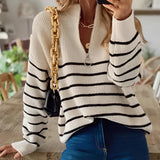 Trendy women's striped V-neck ribbed knit fall sweater in XL size, featuring long sleeves and a stylish design, displayed on a model against a plain background.